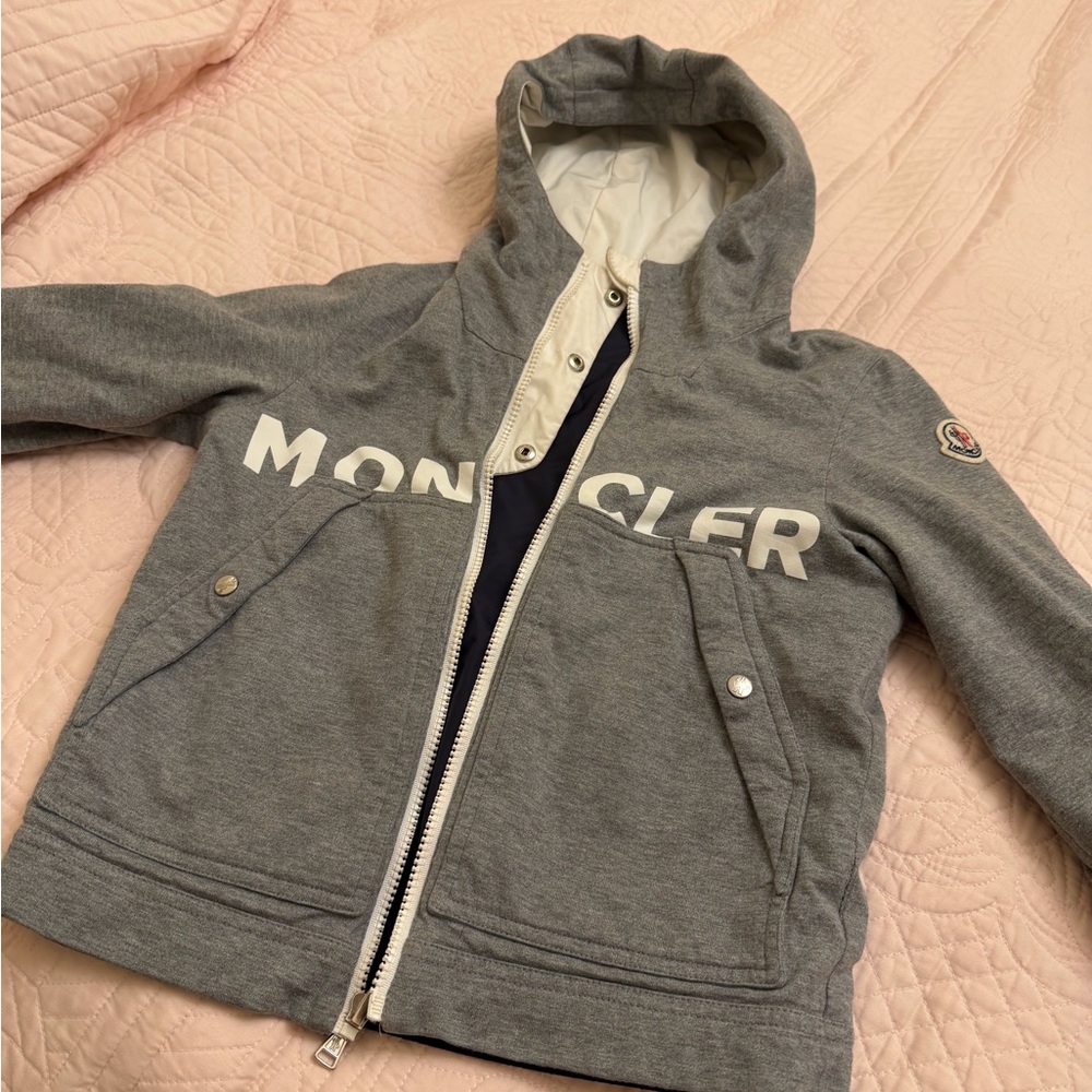 Moncler Kids Grey Hooded Zip Sweatshirt with Logo
